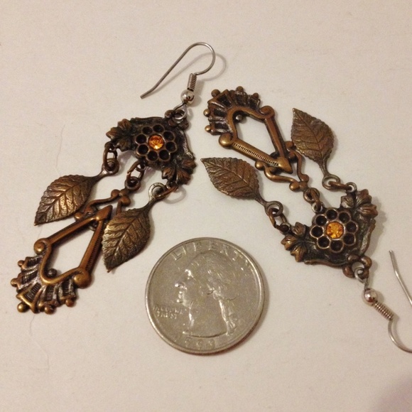 Chandelier Amber Rhinestone Earrings Mixed Metal Flower Leaf Pierced Dangle - Picture 5 of 6